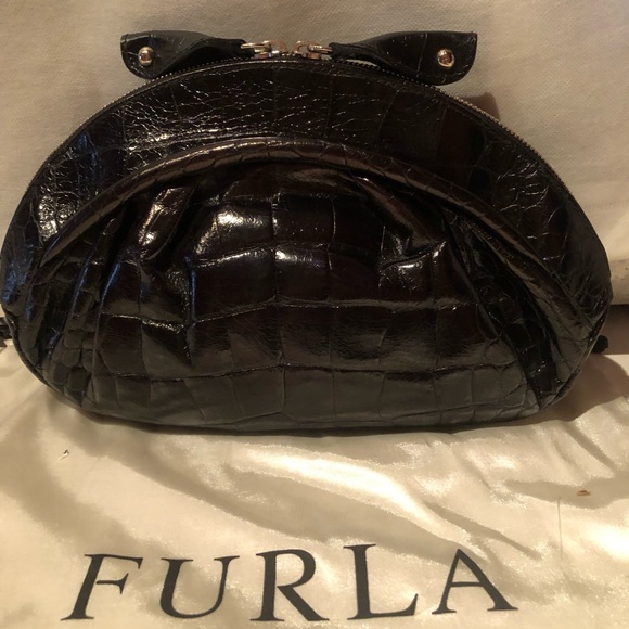 Classy Furla black croco embossed patent leather clutch